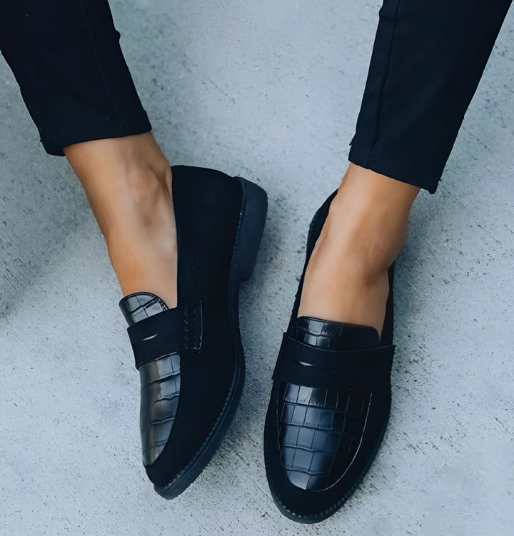 Elegant Noir Alligator Slip-Ons for Her - High-End Fashion Footwear