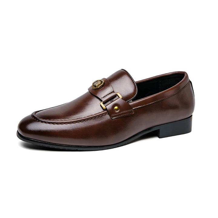 Elegant Brown Leather Slip-On Loafers for Men with Stylish Buckle Detail
