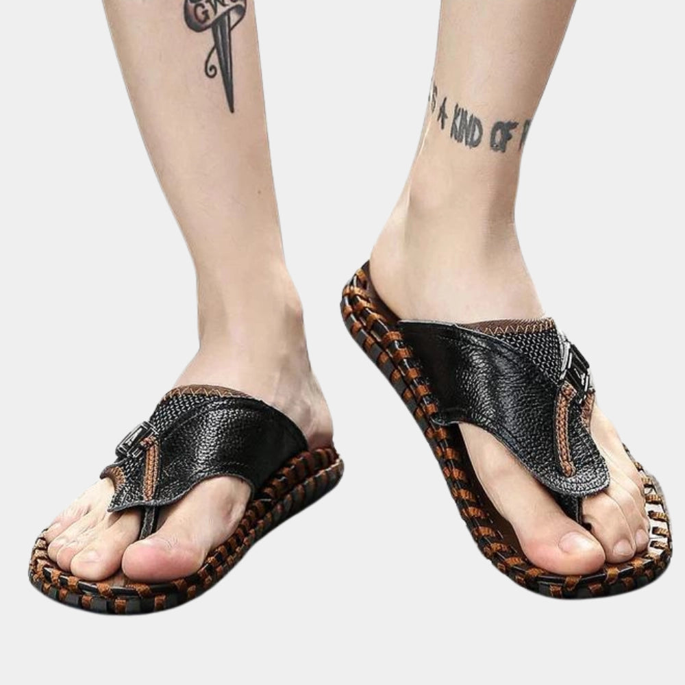 Sophisticated Black Braided Leather Flip-Flops for Men
