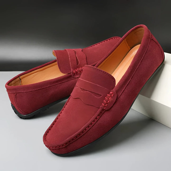 Vibrant Crimson Suede Loafers for Him - High-End Casual Footwear