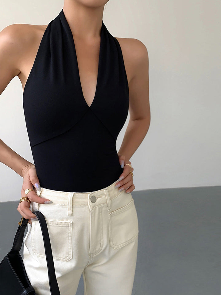 Backless Halter Neck V-Cut Sleeveless Top