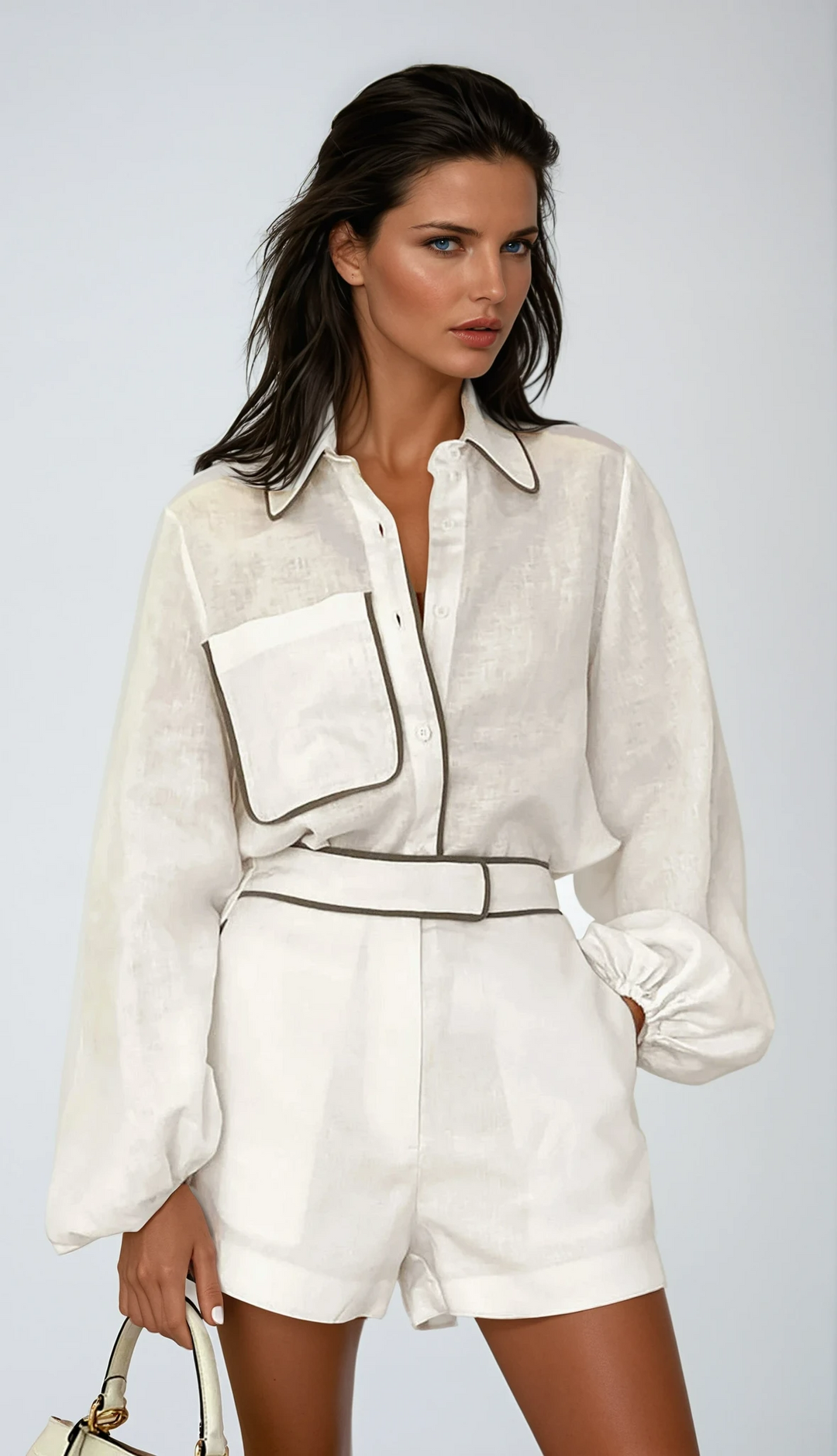 Cotton Linen Shorts Ensemble with Contrast Accents