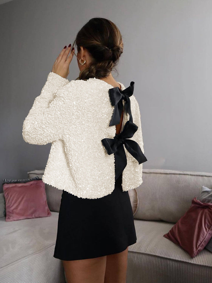 Velvet Bow-Embellished Sequin Blazer