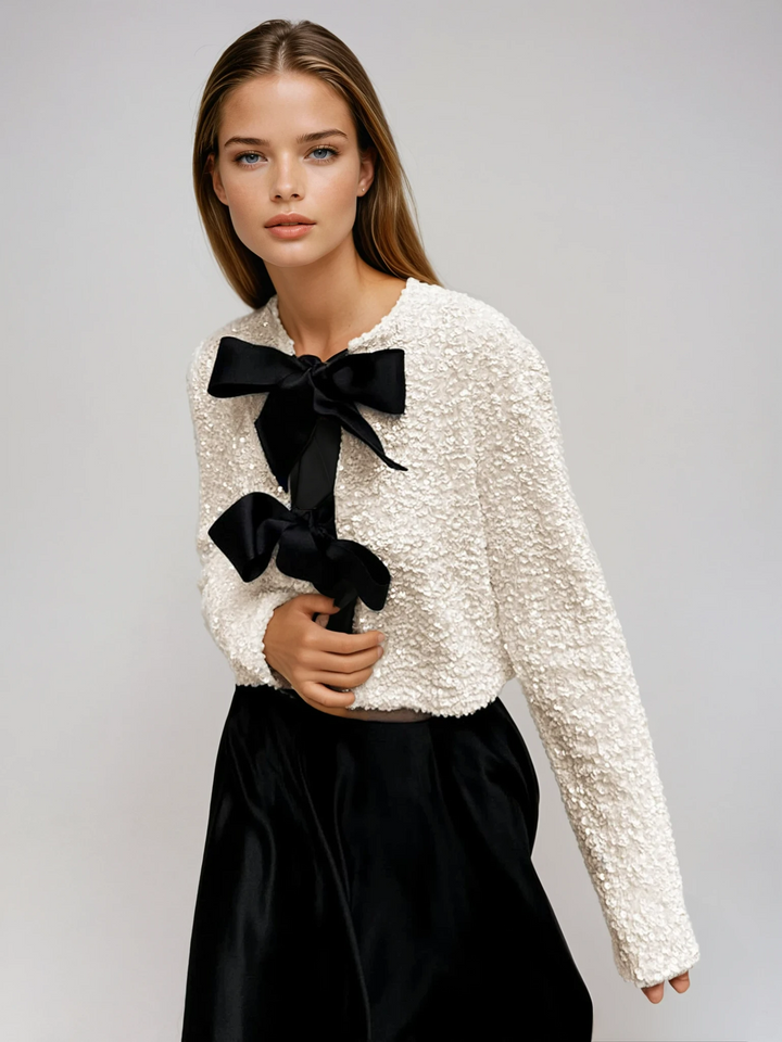 Velvet Bow-Embellished Sequin Blazer