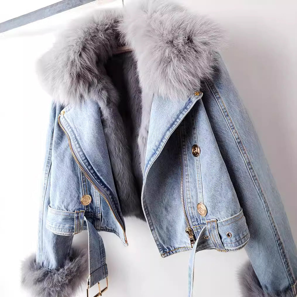 Avery Premium Lined Denim Coat with Fox Fur Trim