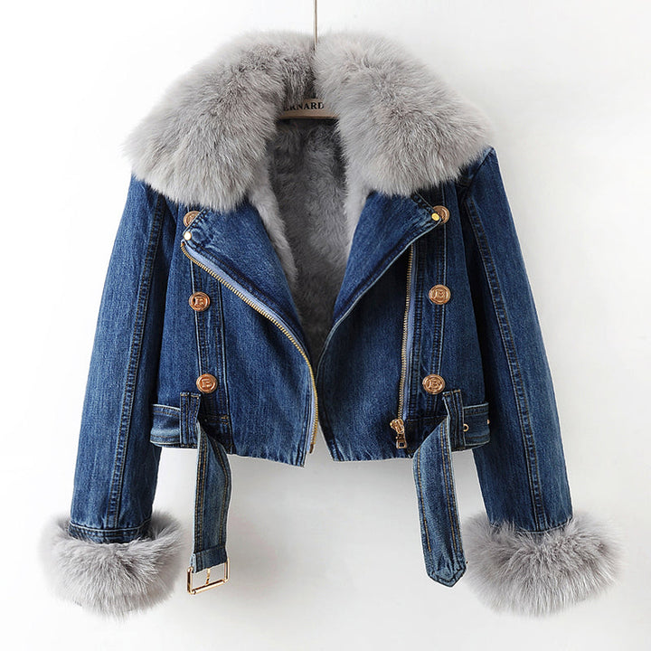 Avery Premium Lined Denim Coat with Fox Fur Trim