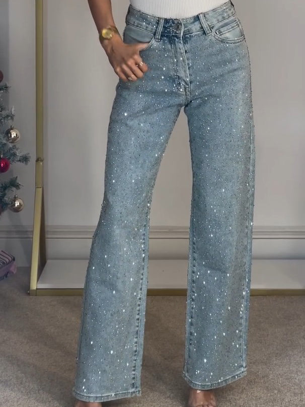 Beaded Straight-Leg High-Rise Jeans