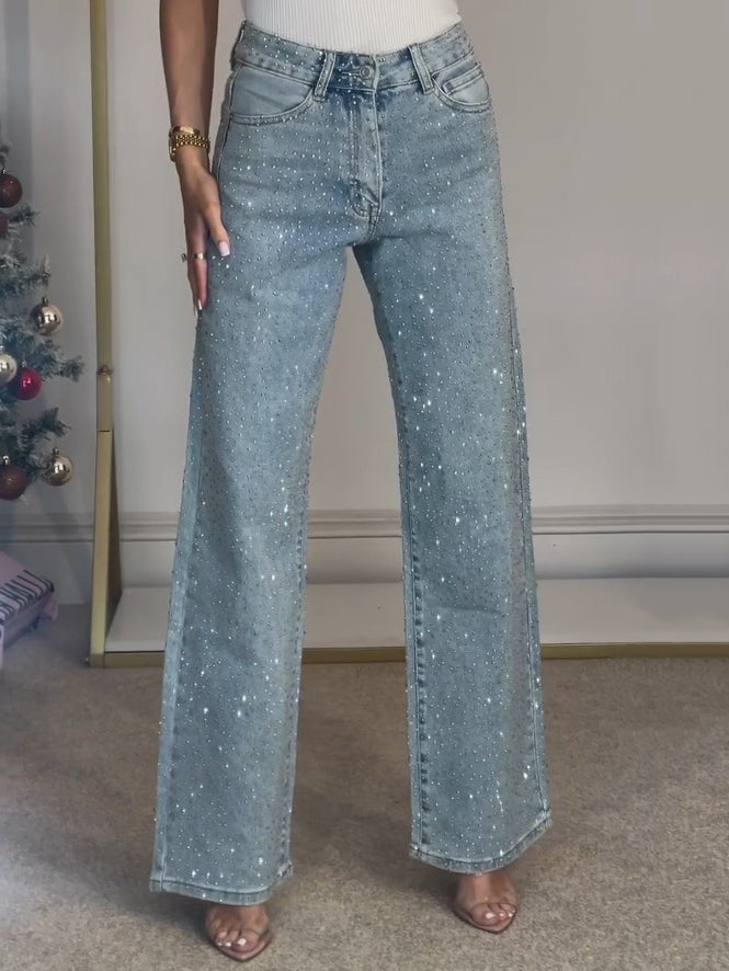 Beaded Straight-Leg High-Rise Jeans