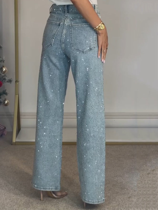 Beaded Straight-Leg High-Rise Jeans