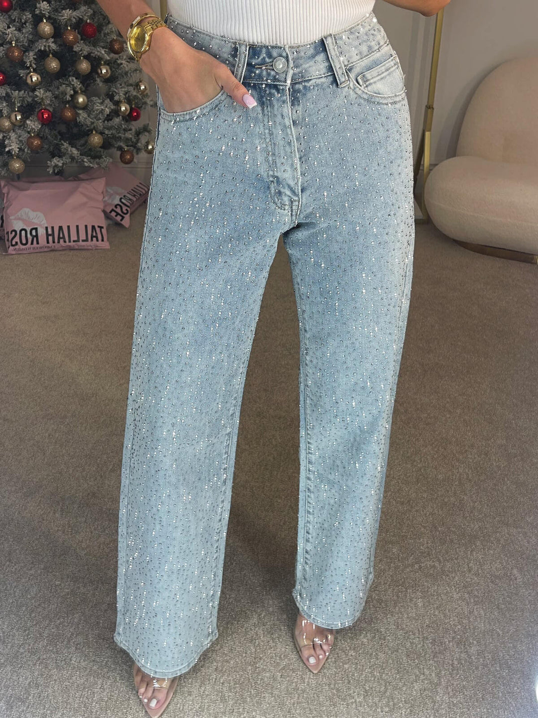 Beaded Straight-Leg High-Rise Jeans