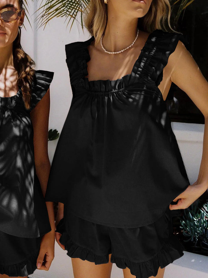 Linen Blend Ruffle Short Set