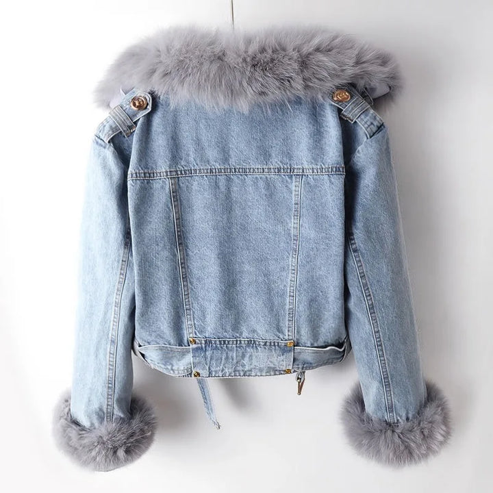 Avery Premium Lined Denim Coat with Fox Fur Trim