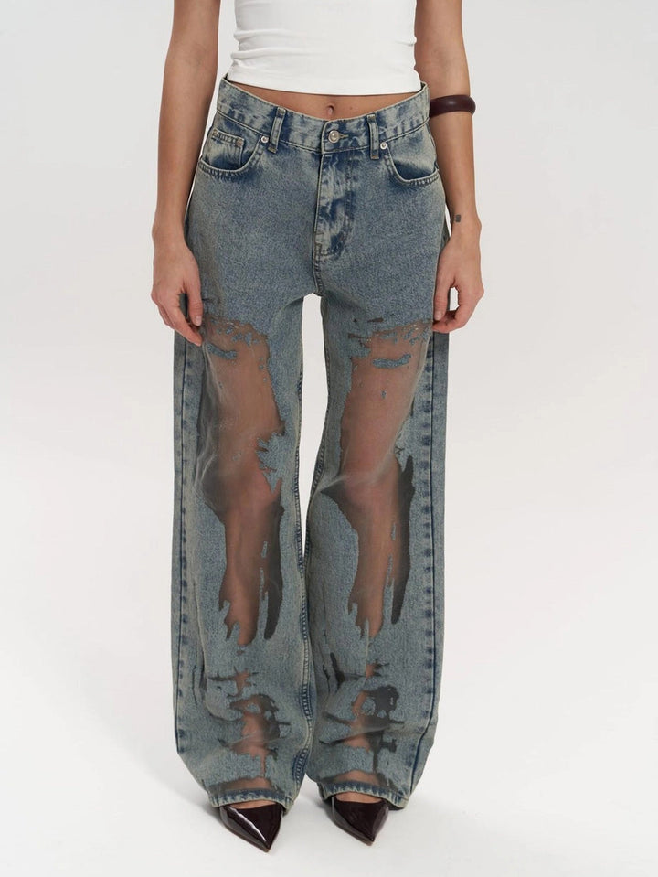 Mesh Detail High-Waisted Wide Leg Denim