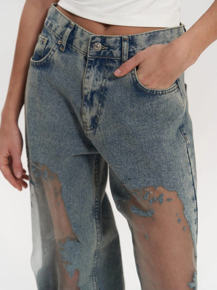 Mesh Detail High-Waisted Wide Leg Denim