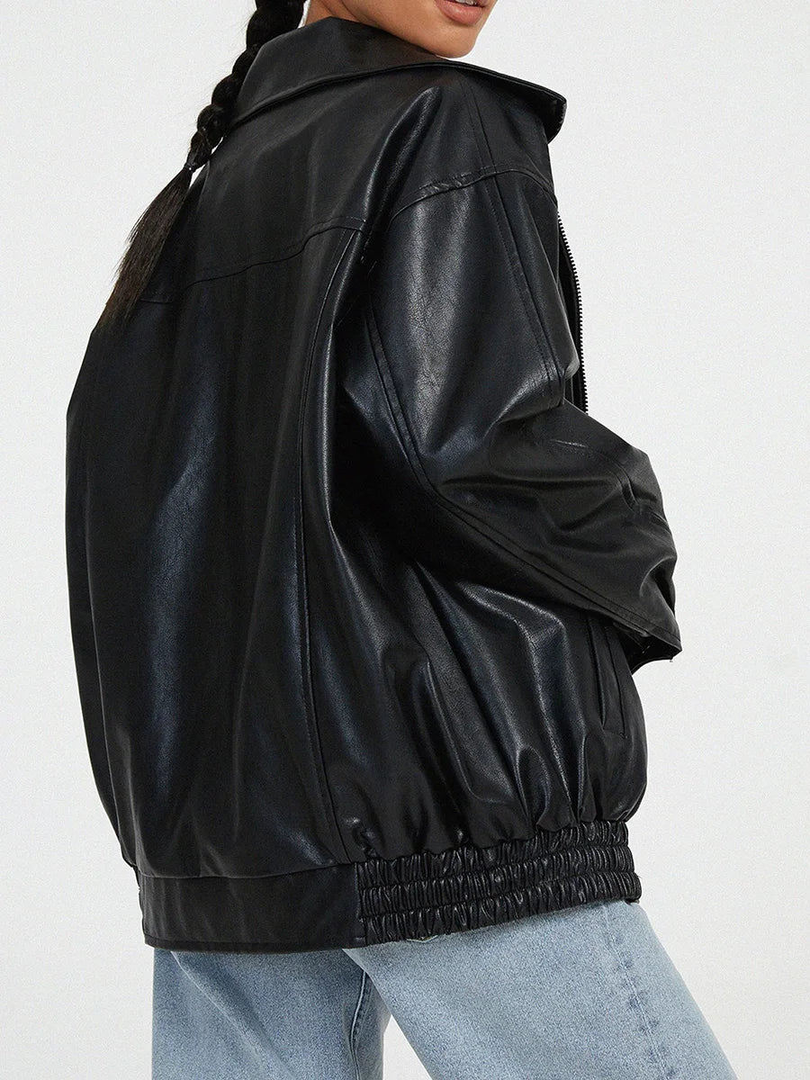 Spacious Faux Leather Bomber Jacket for Her with Zipper Closure