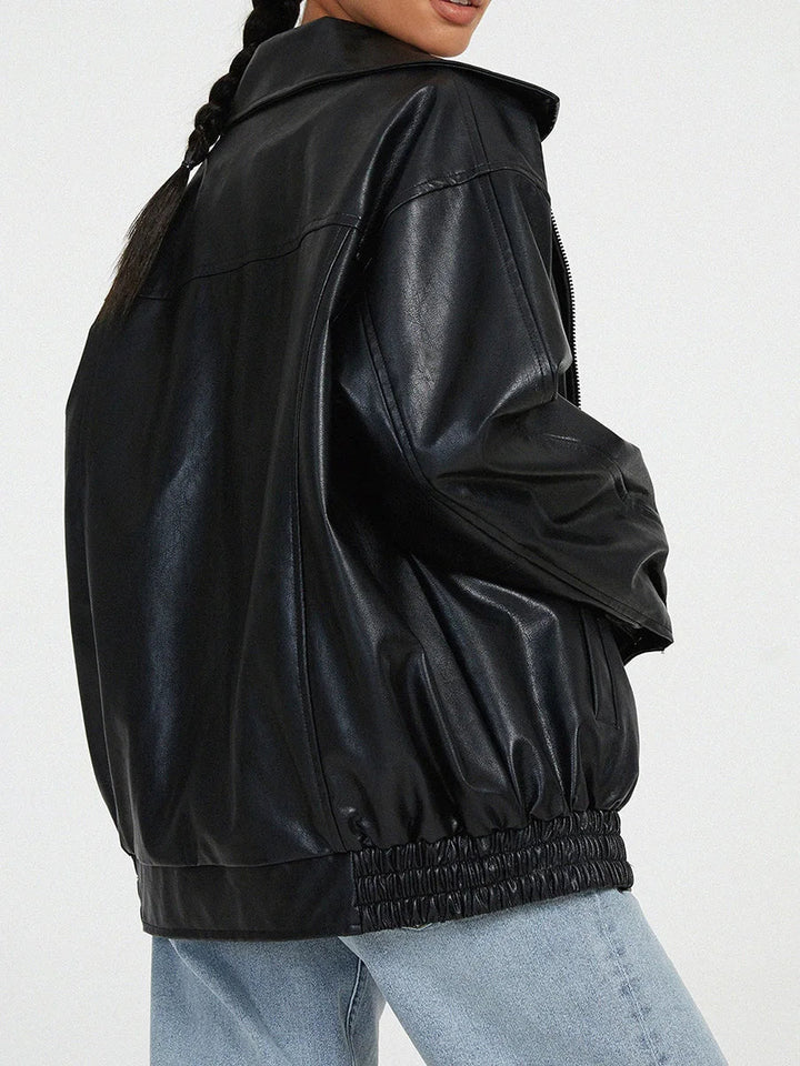 Spacious Faux Leather Bomber Jacket for Her with Zipper Closure