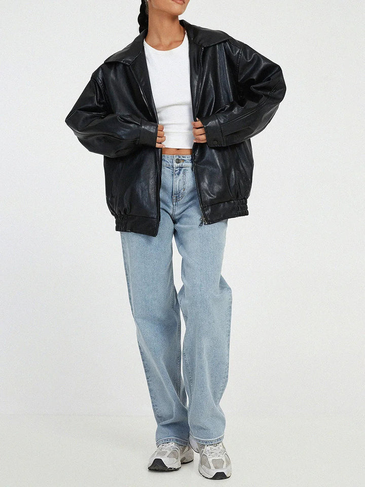 Spacious Faux Leather Bomber Jacket for Her with Zipper Closure