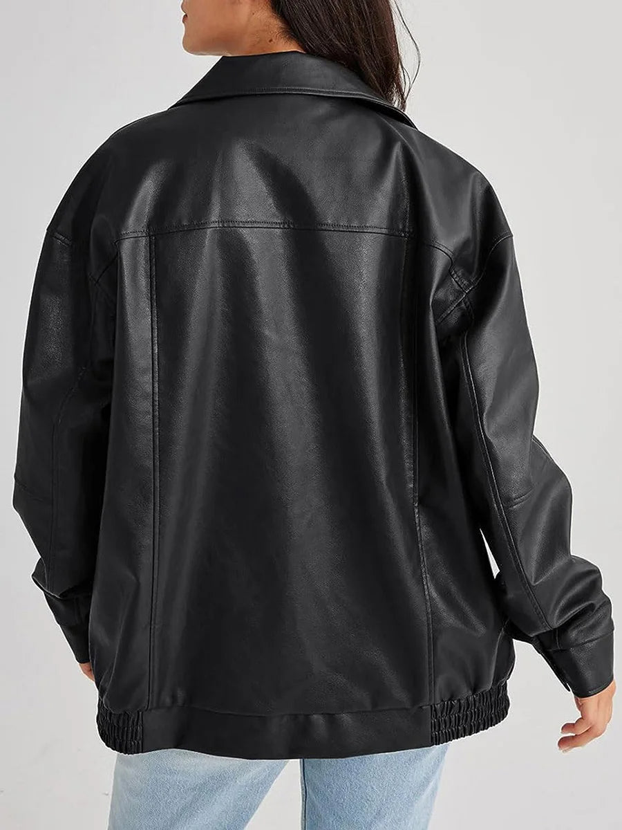 Spacious Faux Leather Bomber Jacket for Her with Zipper Closure