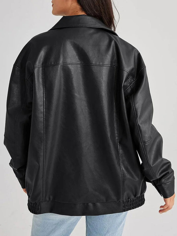 Spacious Faux Leather Bomber Jacket for Her with Zipper Closure