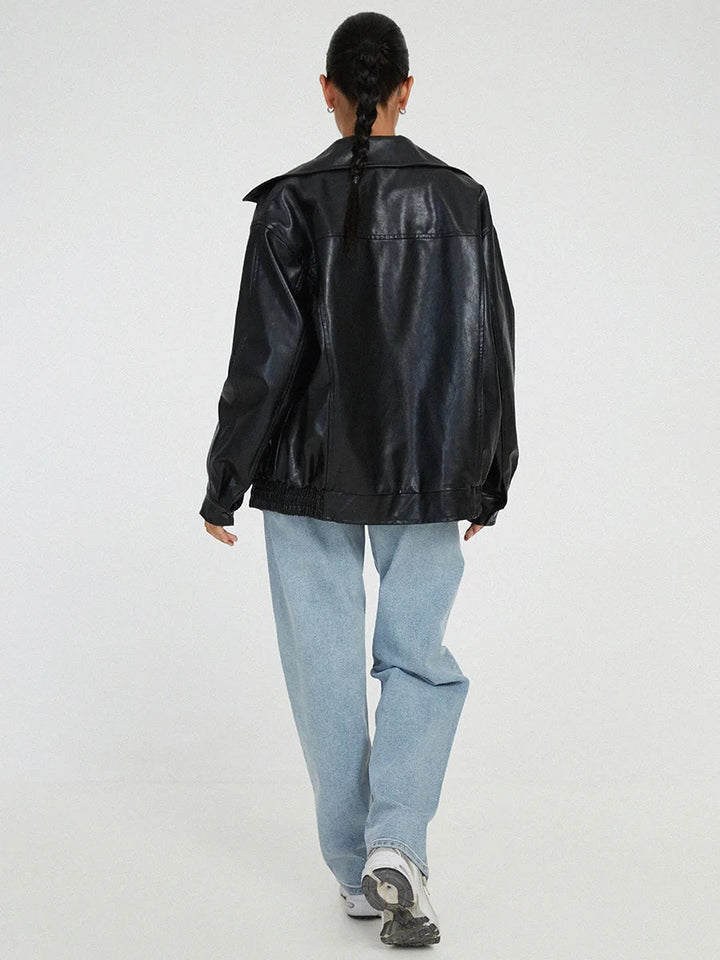 Spacious Faux Leather Bomber Jacket for Her with Zipper Closure