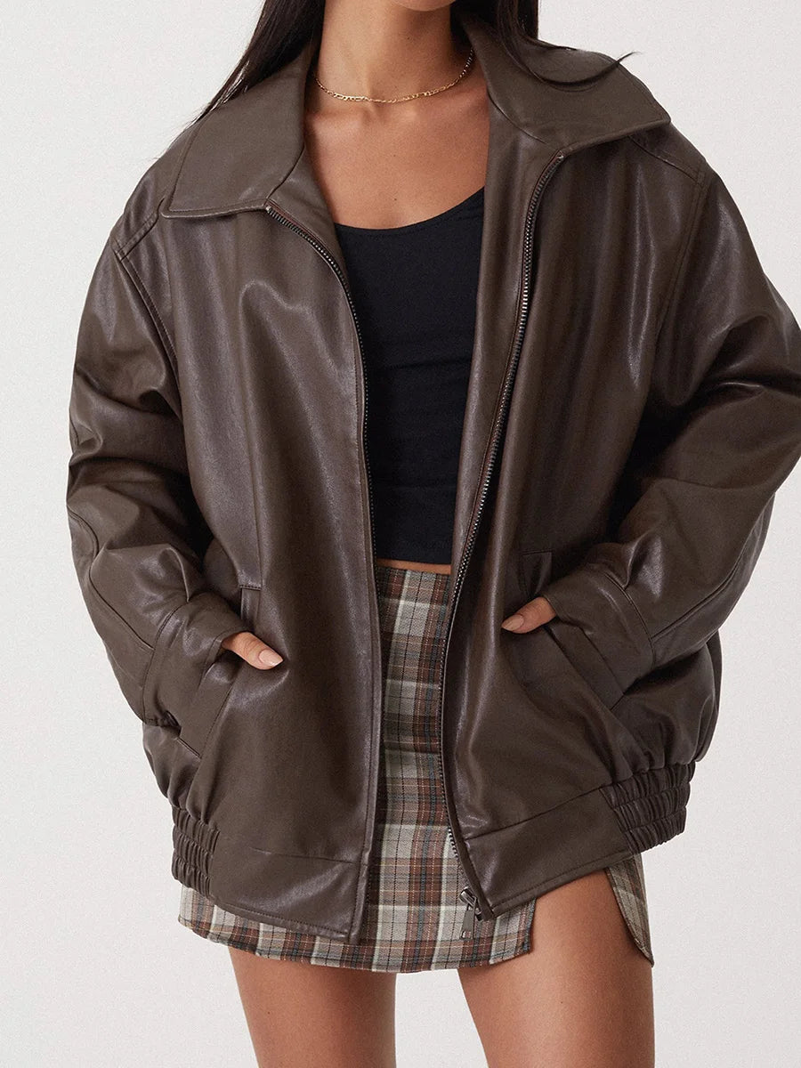 Spacious Faux Leather Bomber Jacket for Her with Zipper Closure