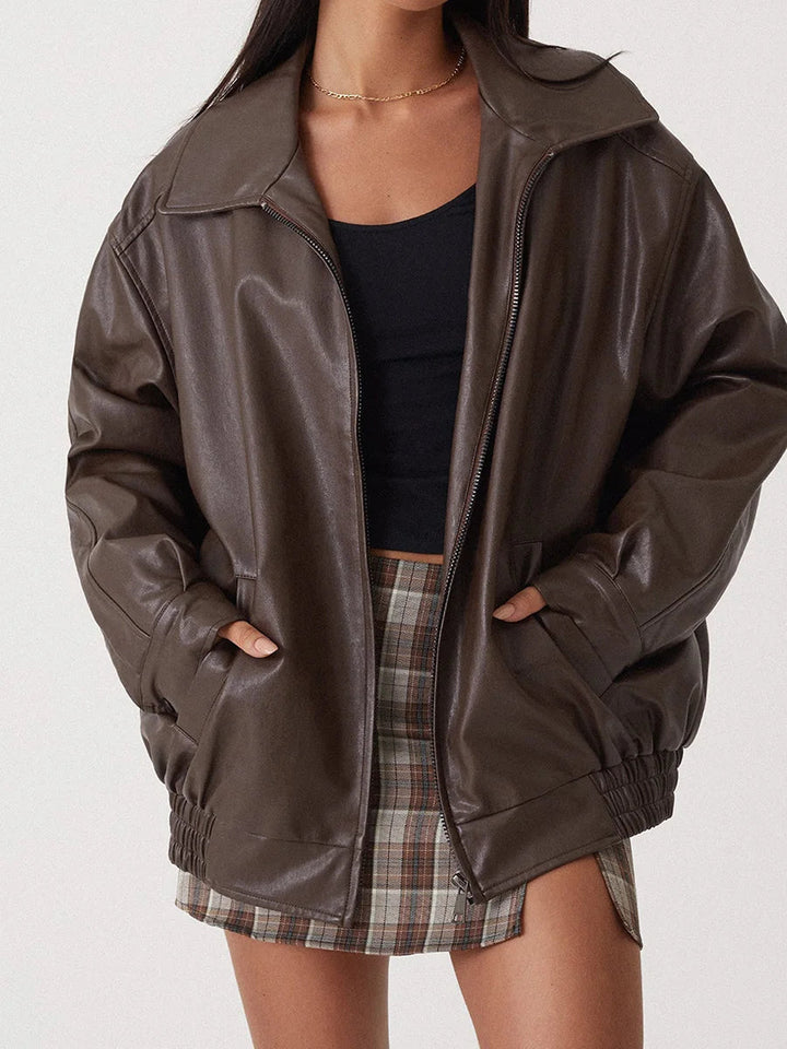 Spacious Faux Leather Bomber Jacket for Her with Zipper Closure