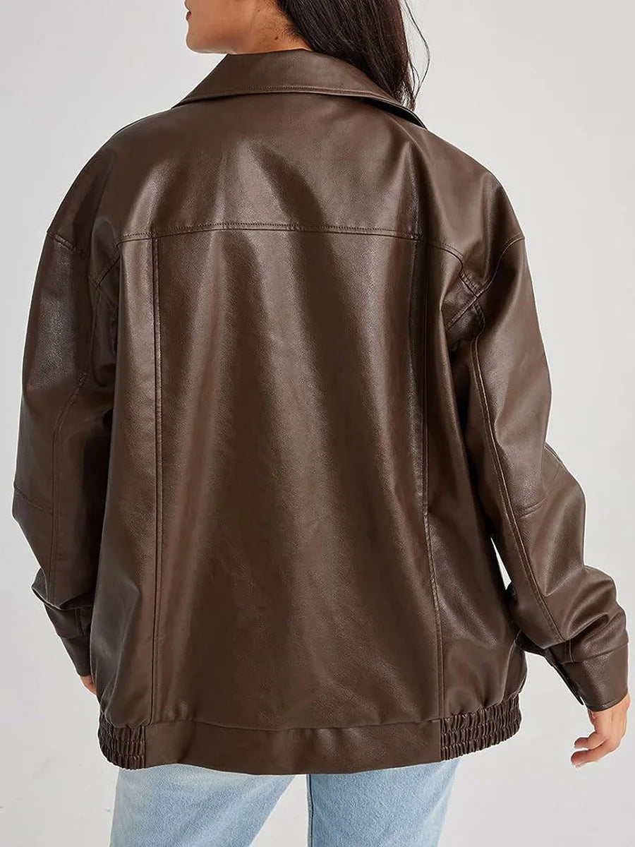 Spacious Faux Leather Bomber Jacket for Her with Zipper Closure