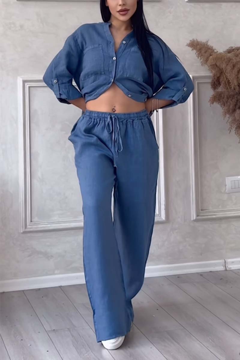 Chic Linen Two-Piece Ensemble for Women Featuring Top and Flowing Pants – Mia